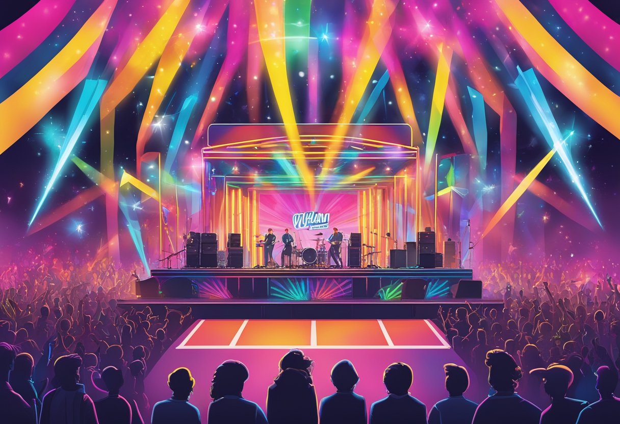 A colorful stage with neon lights, a crowd of fans dancing, and a microphone stand with the iconic "Wham!" logo