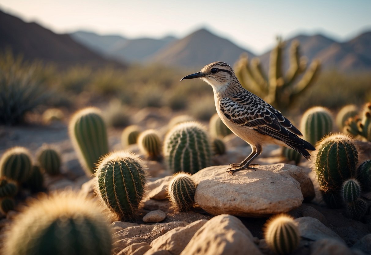 A desert landscape with diverse bird species perched on cacti, flying above rocky terrain, and drinking from water sources