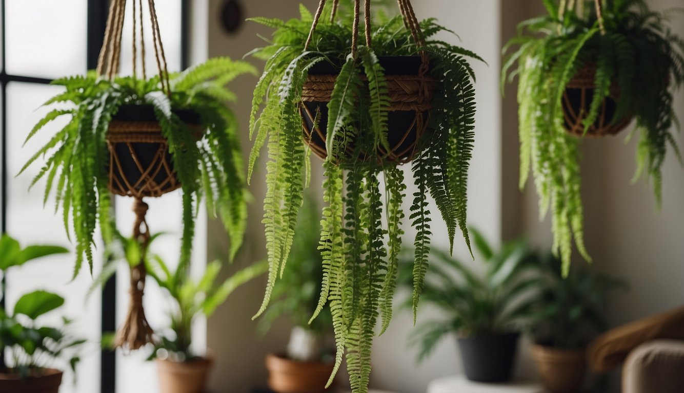 Lush green ferns and vibrant spider plants dangle from macramé hanging holders, adding a touch of nature to the room