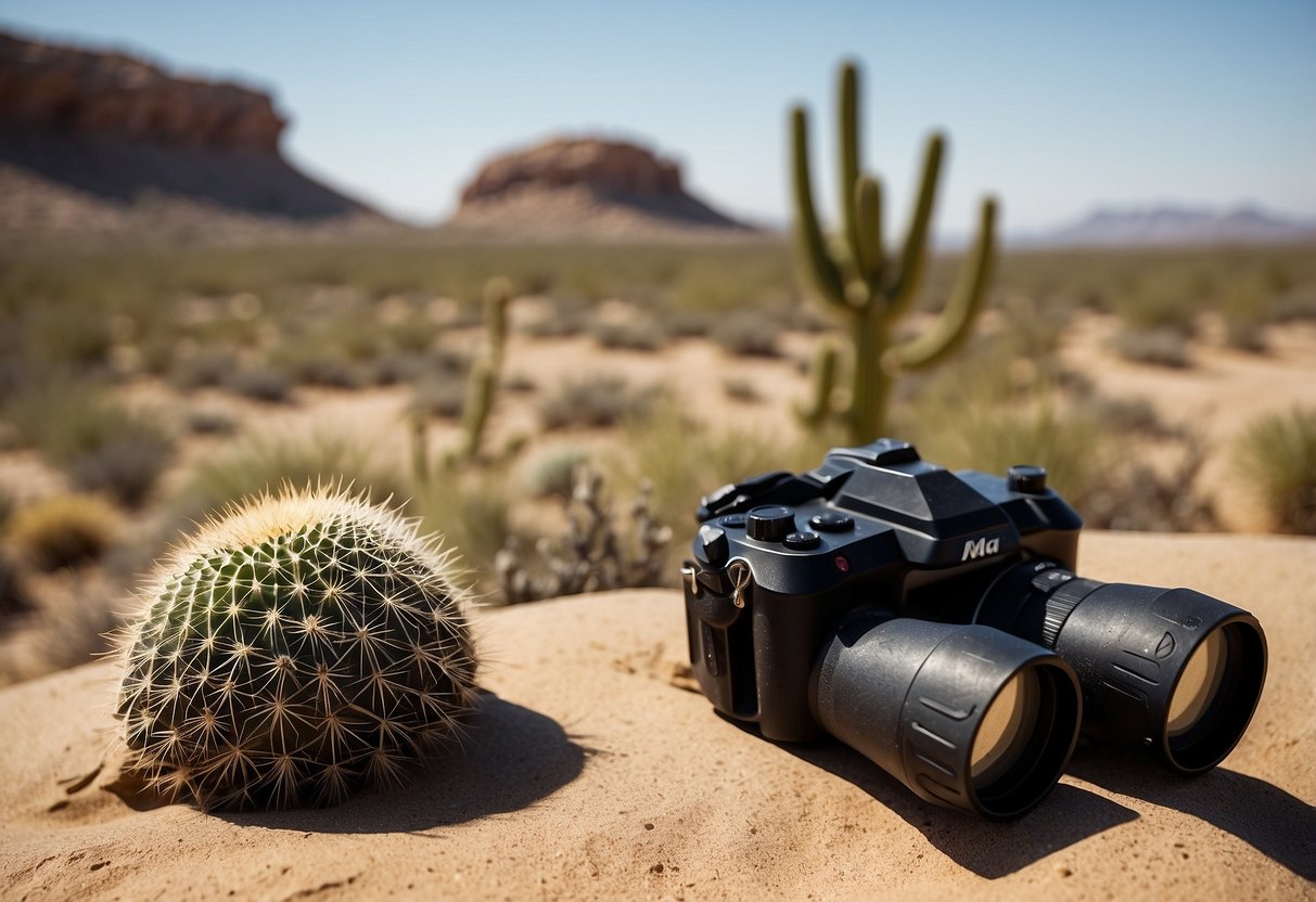 A desert landscape with binoculars, field guide, and camera. Cacti, rock formations, and a bird in flight. Sand dunes in the distance