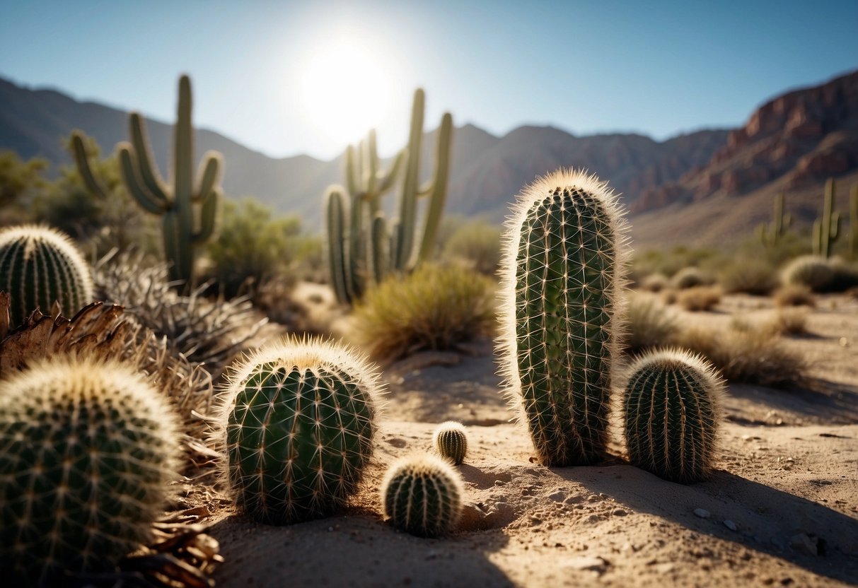 Desert landscape with cacti, rocky terrain, and clear blue skies. Various bird species flying and perched on branches. Sunlight casting shadows