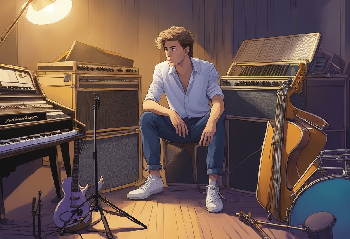 Andrew from Wham! stands alone, gazing into the distance with a pensive expression, surrounded by abandoned musical instruments and a fading spotlight