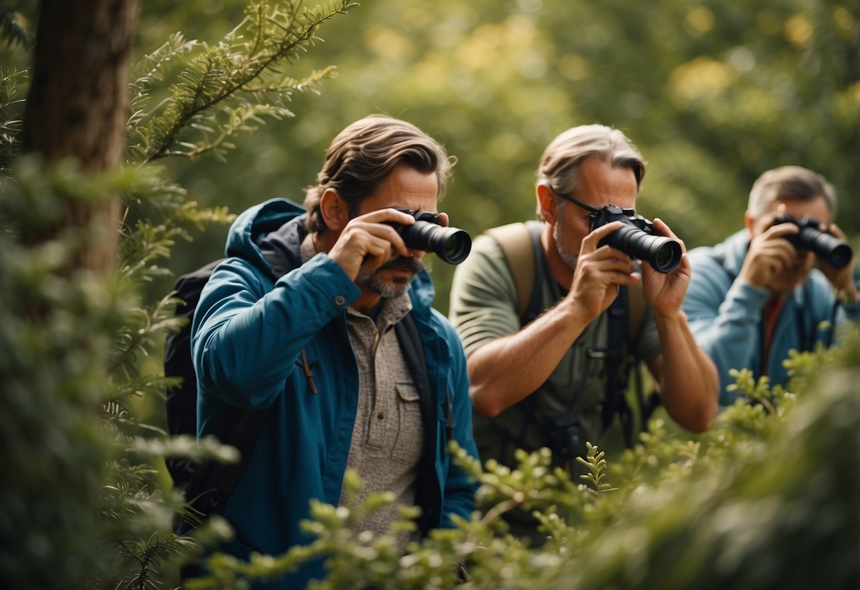 Bird watchers setting up binoculars, cameras, and bird guides in a peaceful natural setting. Brightly colored birds flitting through the trees and bushes