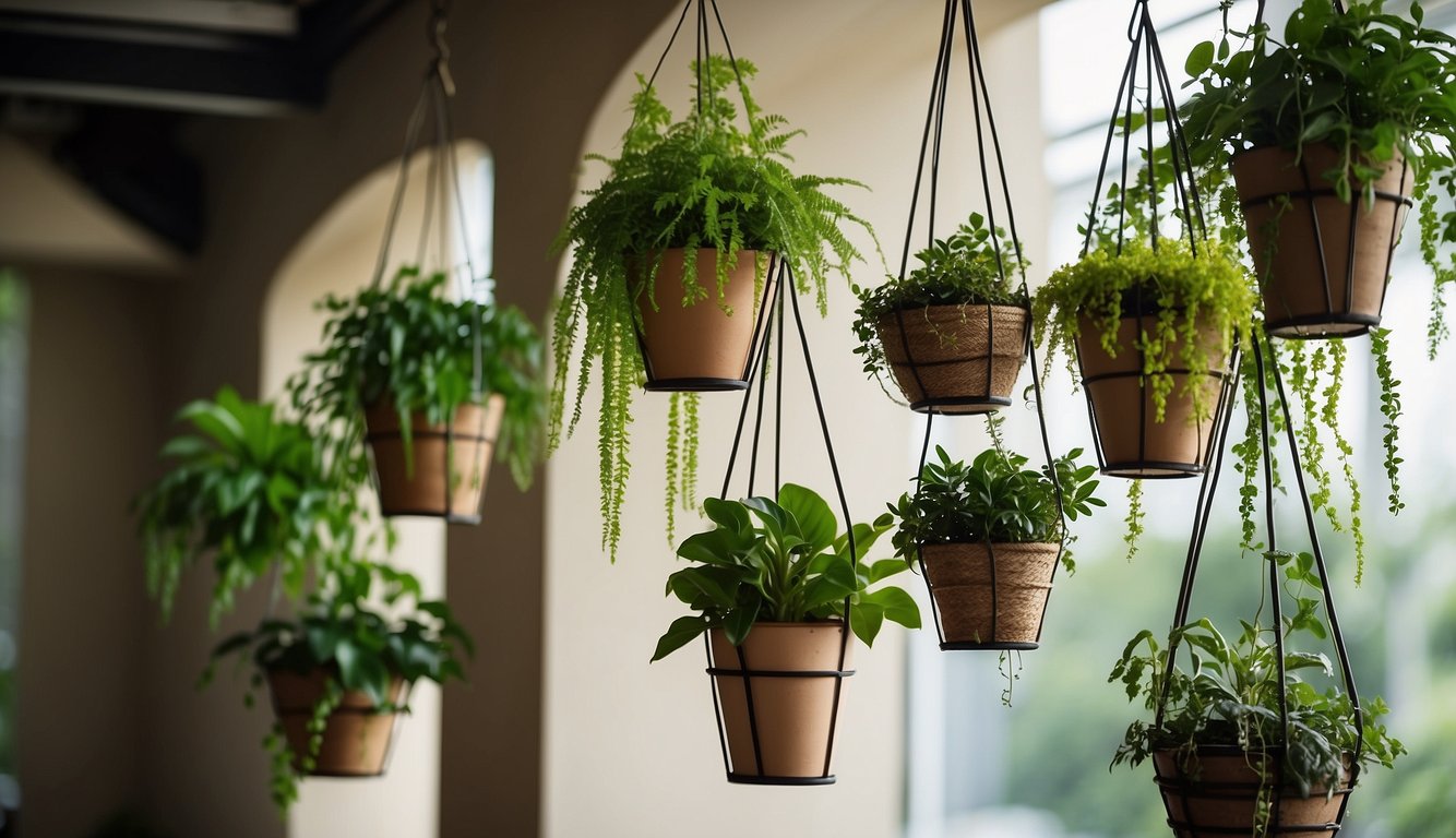 Several hanging plant holders with greenery, suspended from a ceiling or wall. The holders are of various sizes and materials, creating a visually interesting display