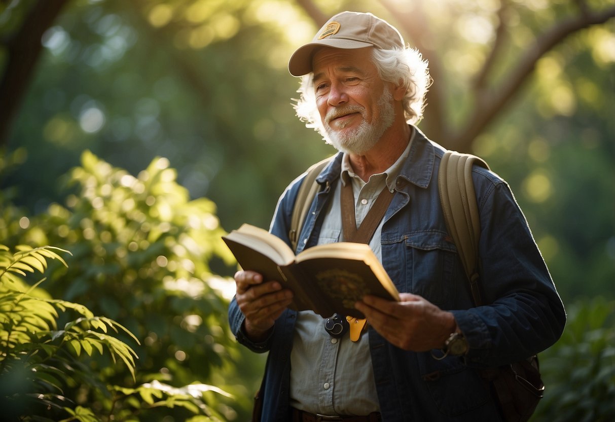 A birdwatcher holds a guidebook, binoculars around their neck, surrounded by lush trees and chirping birds. The sun shines through the foliage, casting dappled light on the scene