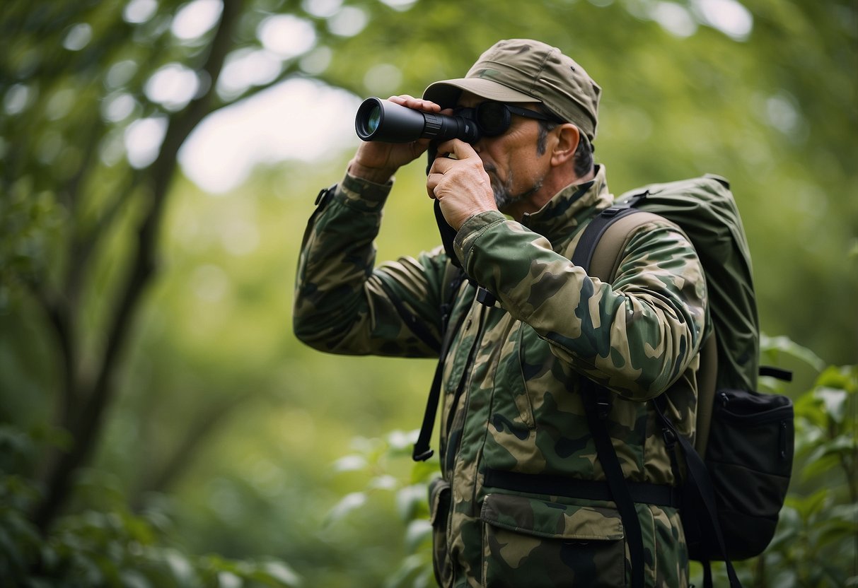 A bird watcher in camouflage clothing observes a variety of birds in a lush, natural setting, using binoculars and a field guide