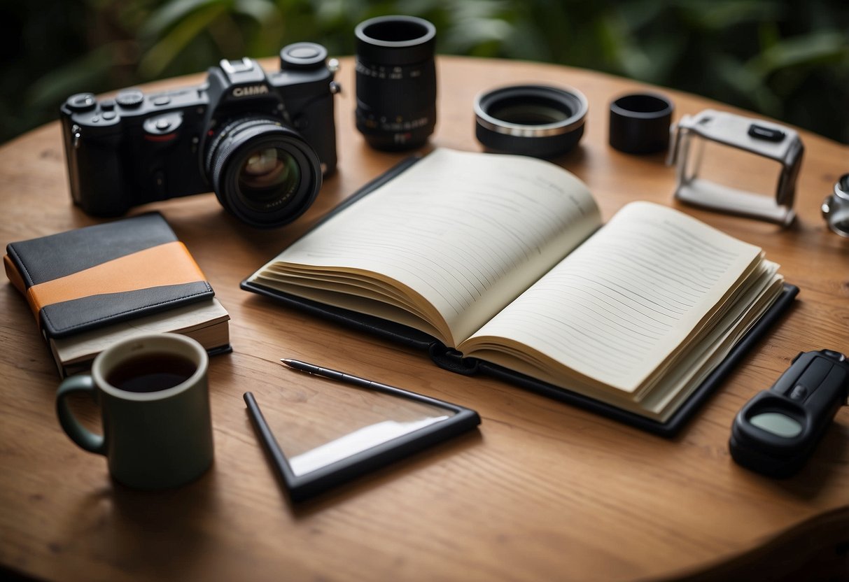 A notebook lies open on a wooden table, surrounded by birdwatching gear. The page is filled with 7 tips for a more enjoyable birdwatching trip