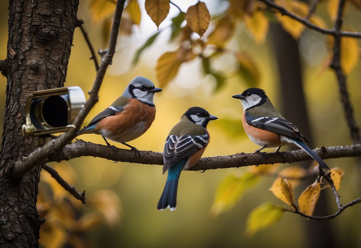 A group of birds perched on tree branches, with binoculars and notebooks scattered around. Bird feeders and birdhouses are placed nearby