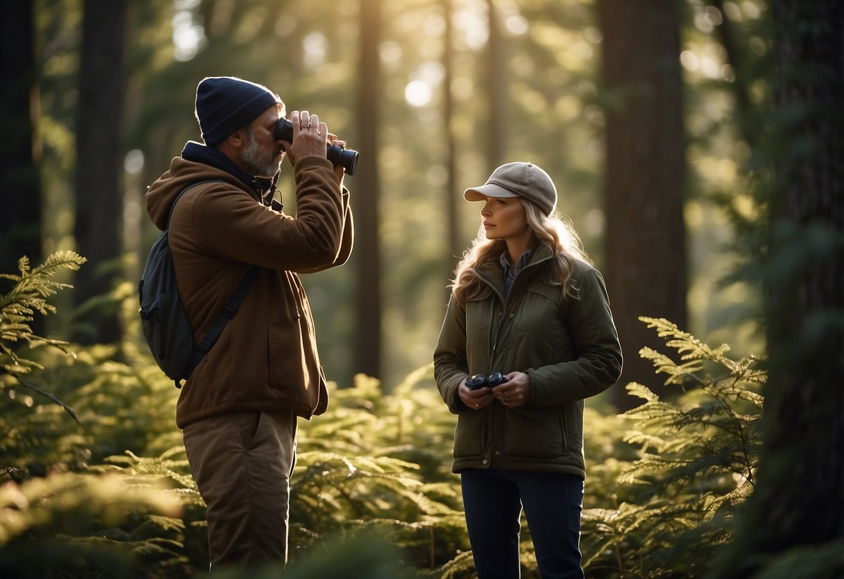 Birdwatcher listens to bird calls in a peaceful forest. Binoculars and field guide lay nearby. Sunlight filters through the trees