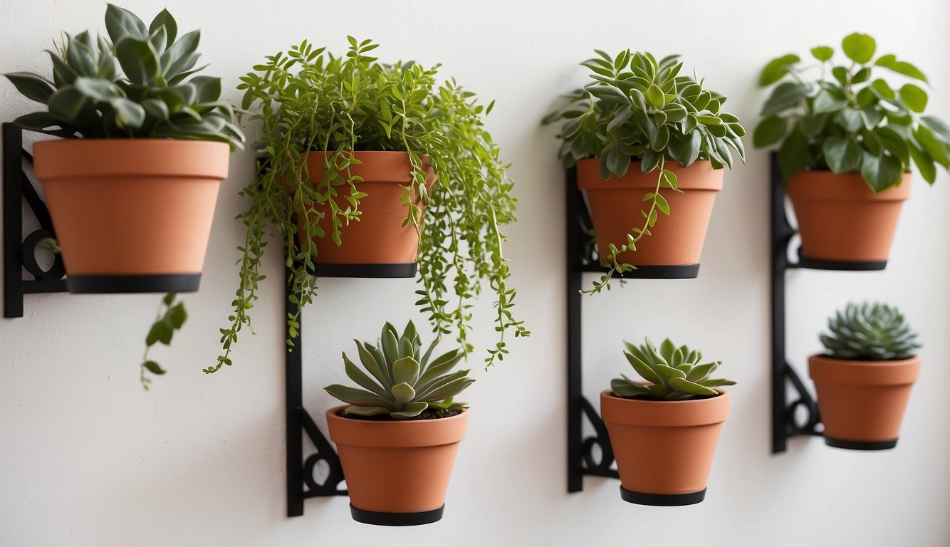 A wall-mounted plant holder with three terracotta pots, each containing a different type of trailing plant. The holder is made of wrought iron and is attached to a white, textured wall