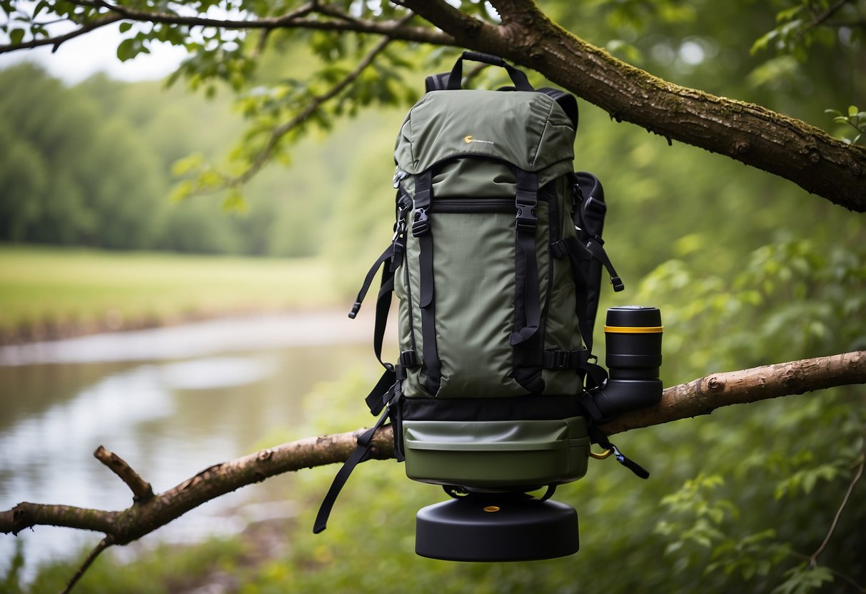 Bird watching gear displayed: 5 hydration systems with backpack straps, water reservoirs, and adjustable nozzles. Background shows trees and a bird feeder