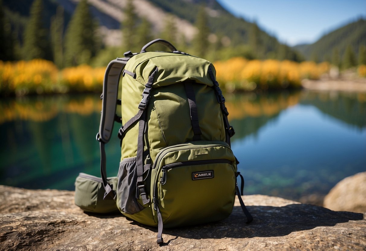 A birdwatcher's backpack, CamelBak Sequoia 22, with water reservoir, pockets, and straps, set against a natural backdrop