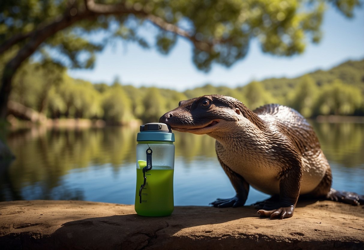 A platypus drinks from a Big Zip EVO 5 hydration system while bird watching. The system is attached to a backpack, with lush trees and birds in the background