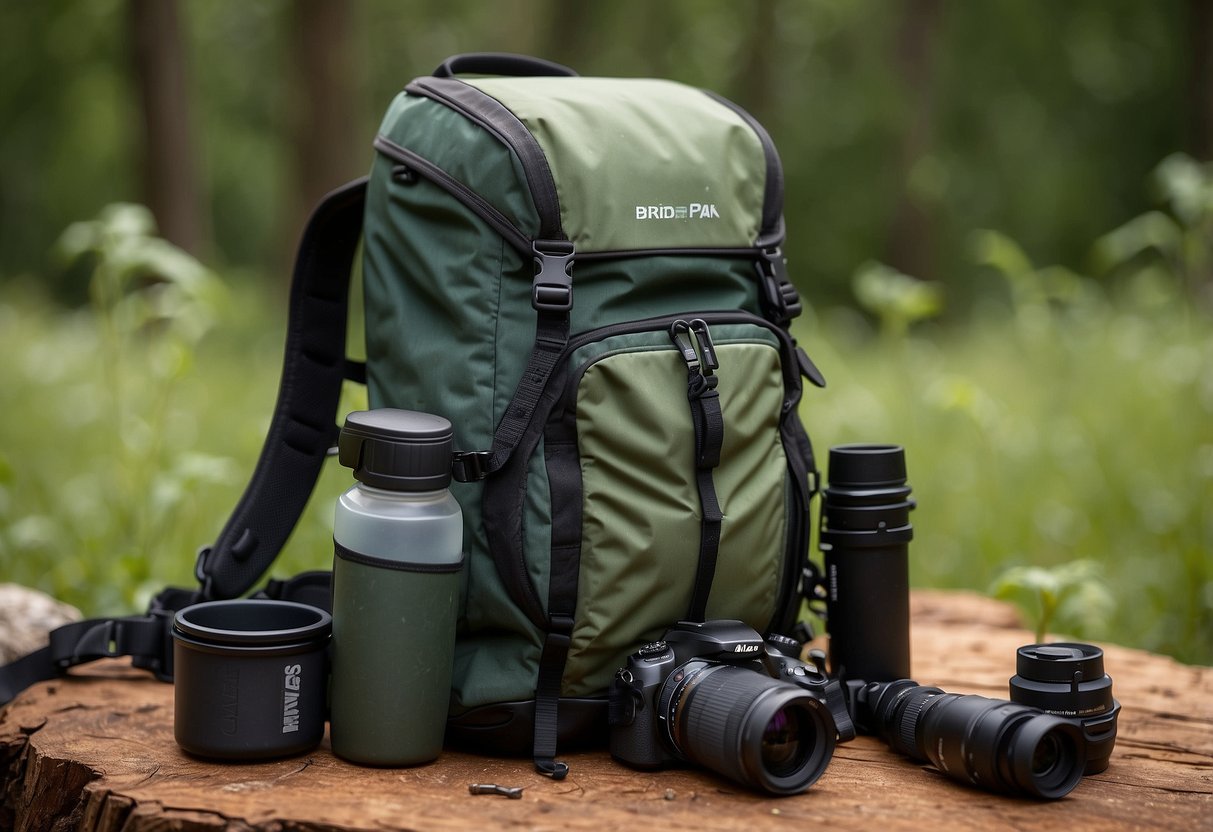 A birdwatcher's backpack open, revealing a HydraPak Force Reservoir. A water tube extends from the reservoir, ready for use. Binoculars and a field guide sit nearby