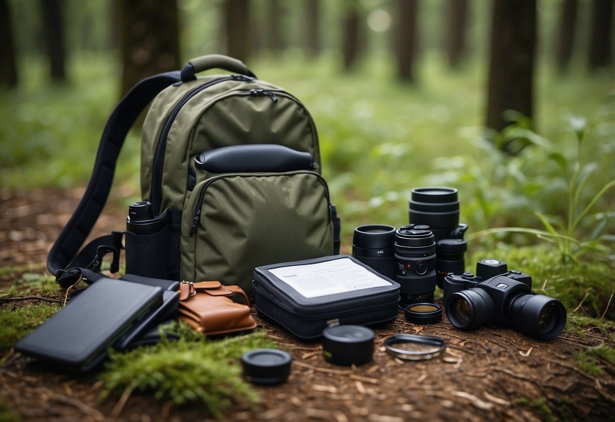 A birdwatcher's backpack with hydration system, binoculars, and field guide laid out on a grassy clearing in a forest