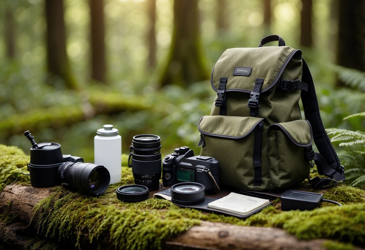 A bird watcher's backpack with a hydration system, binoculars, and field guide laid out on a mossy log in a lush forest setting