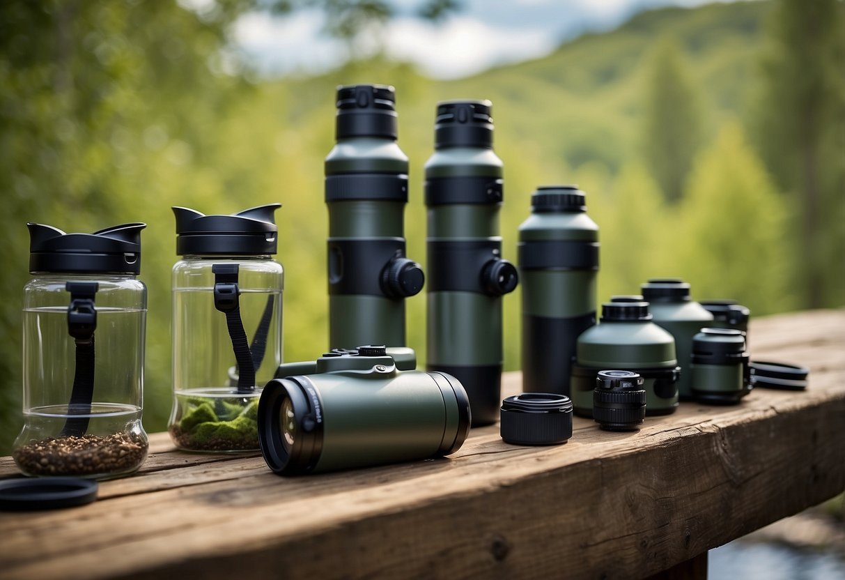 Birdwatching gear displayed: 5 hydration systems with various designs and sizes. Nature background with trees and birds in flight