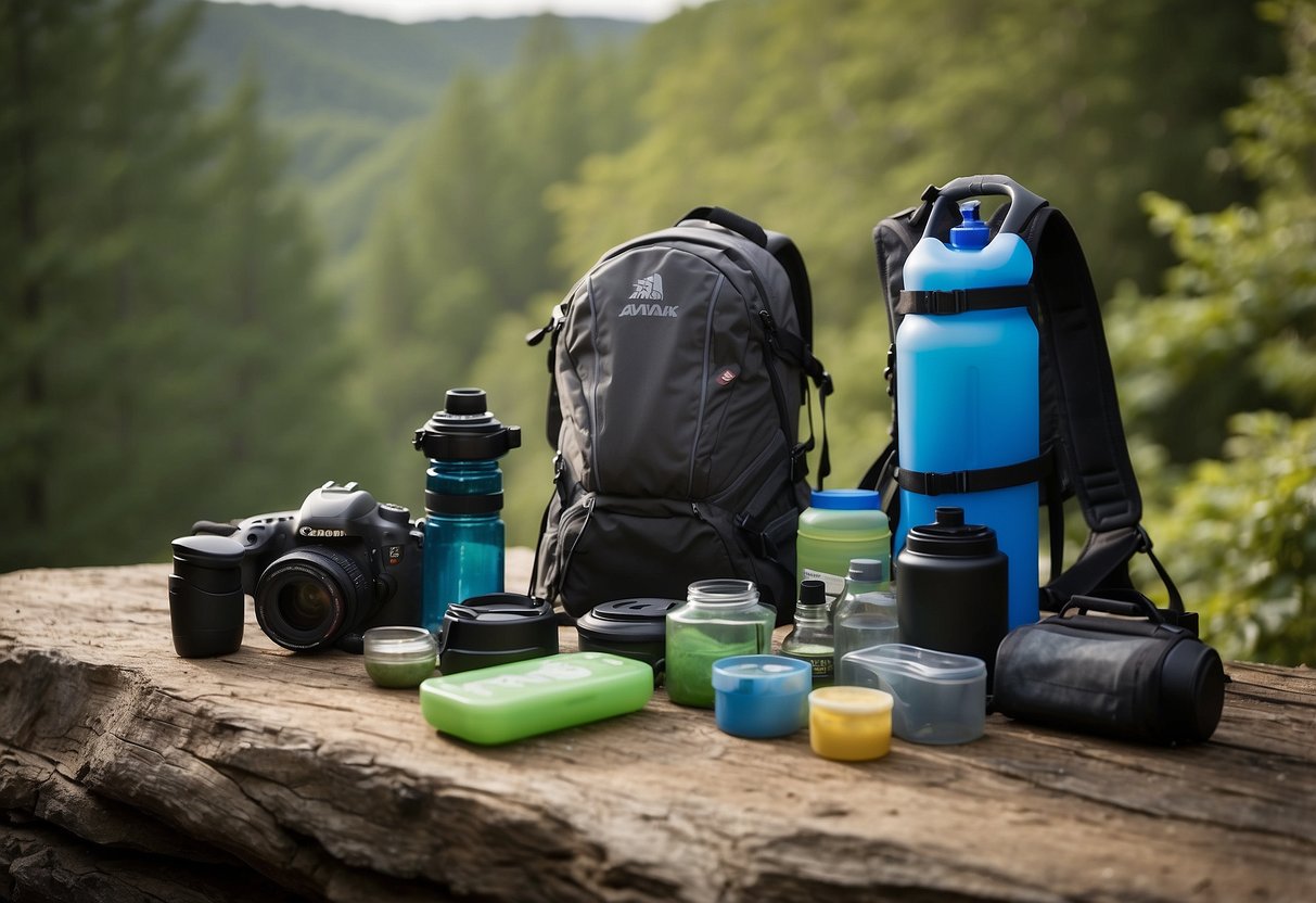 Bird watching gear laid out: hydration packs, water bottles, cleaning tools, and instructions. Natural scenery in the background