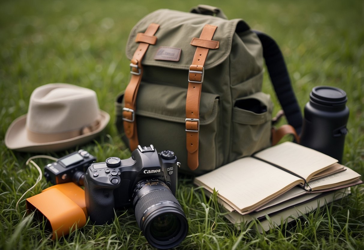 A backpack, binoculars, camera, field guide, water bottle, hat, sunscreen, bug spray, sturdy shoes, and a notebook lay on a grassy field