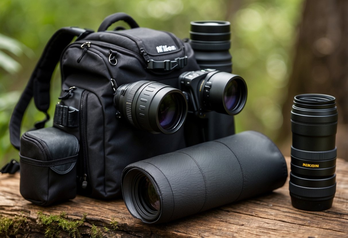 A pair of Nikon Prostaff 3S binoculars sits atop a backpack, surrounded by essential gear items for beginner wildlife watchers. The binoculars are sleek and black, with adjustable eyecups and a comfortable grip