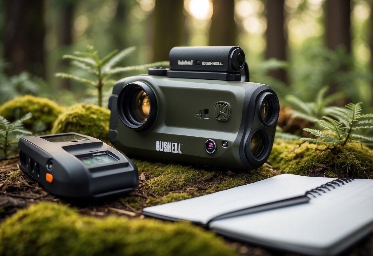 A Bushnell Trophy Cam HD is set up in a forest clearing, surrounded by beginner wildlife watching gear like binoculars, a field guide, and a notebook