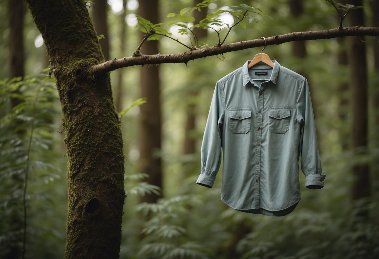 A Columbia Silver Ridge Lite shirt hangs on a tree branch. Nearby are binoculars, a field guide, and a camera. The scene is set in a lush, green forest with birds chirping and wildlife roaming