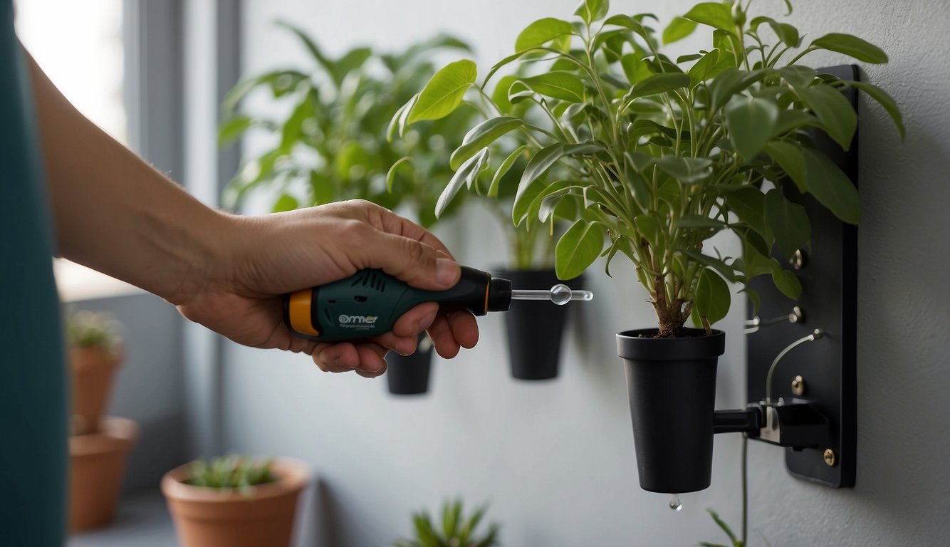 A wall-mounted plant holder is being installed with a screwdriver. The plant is carefully placed inside and watered