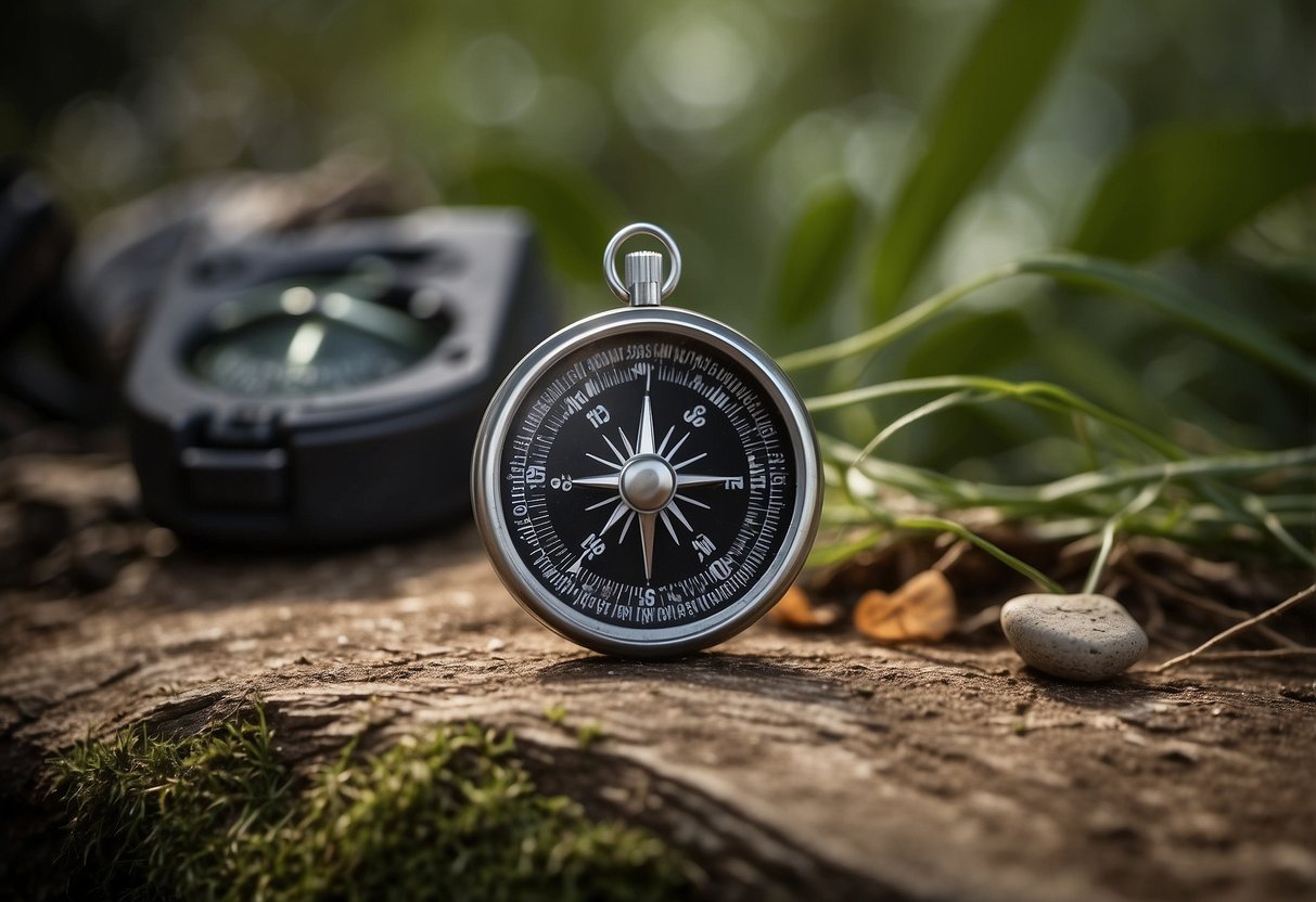 A compact compass lies among 10 essential gear items for wildlife watchers. The scene is set in a natural outdoor environment with a focus on the compass