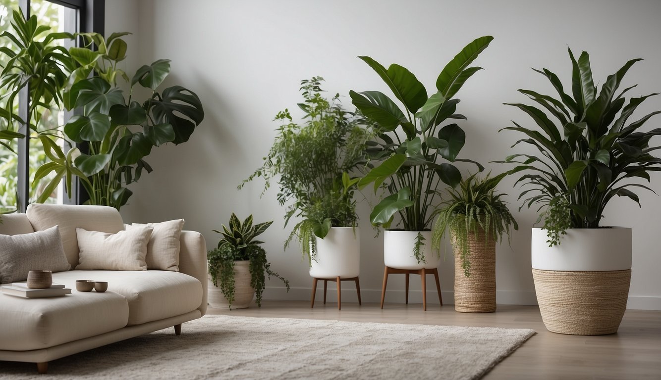 A modern living room with a white wall-mounted plant holder showcasing a variety of lush green plants. The plants are arranged in a visually appealing manner, with some trailing down and others standing tall