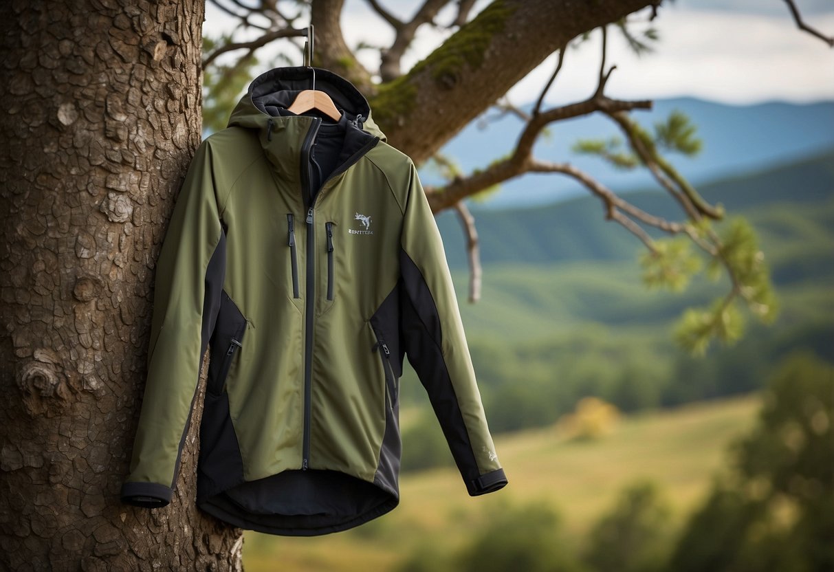 The Arc'teryx Atom LT Jacket hangs from a tree branch, surrounded by binoculars, a field guide, and other essential wildlife watching gear