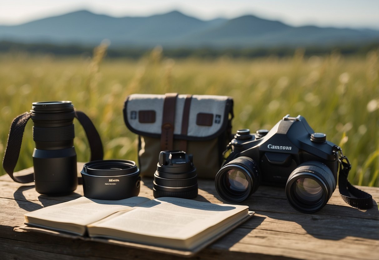 A pair of binoculars hangs from a sturdy strap, next to a field guide and a notebook. A camera with a telephoto lens rests on a tripod, while a water bottle and a snack sit nearby