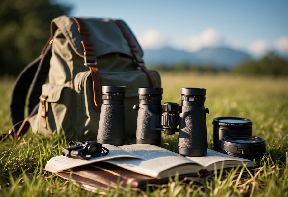 A pair of binoculars hanging from a sturdy strap, a field guide book open to a page on bird species, a backpack filled with water, snacks, and a camera with a long lens, all laid out on a grassy field with a