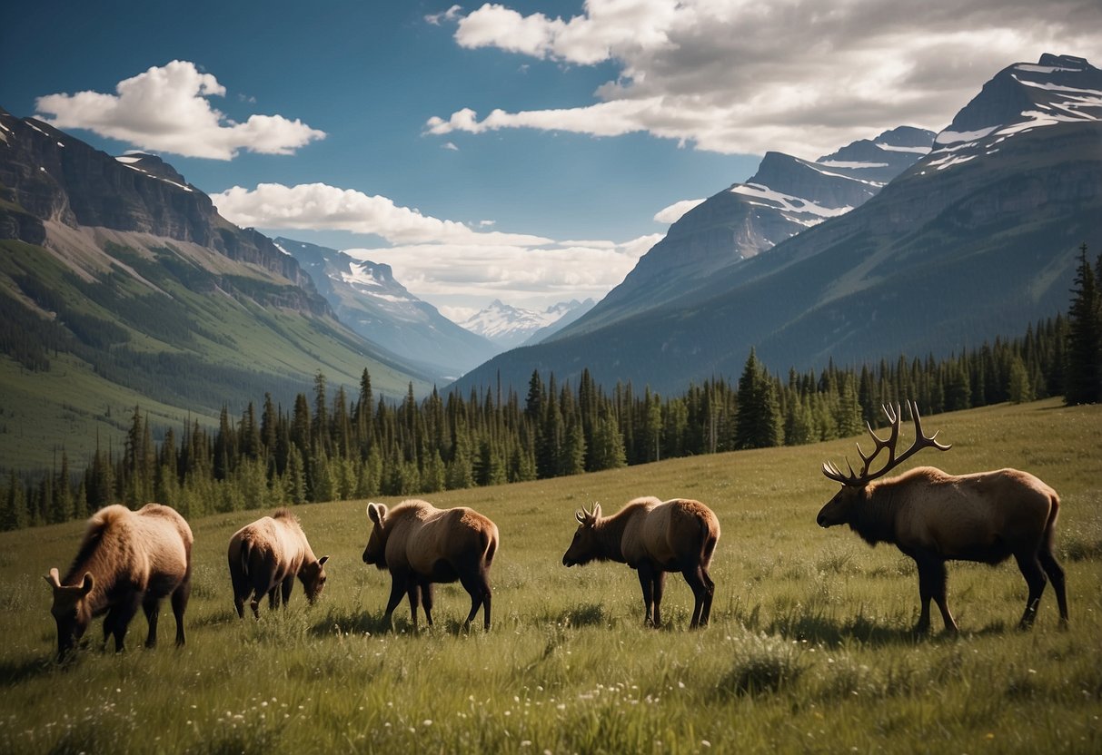 Snow-capped mountains overlook a lush valley with grazing elk and roaming grizzly bears in Glacier National Park, Montana