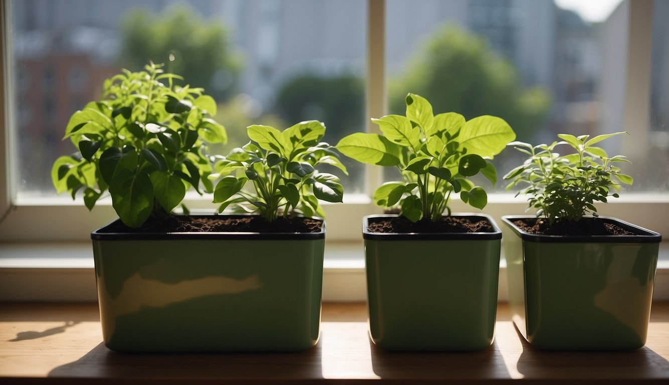 Lush green plants in self-watering pots sit on a sunny windowsill, with water reservoirs visible below the soil line