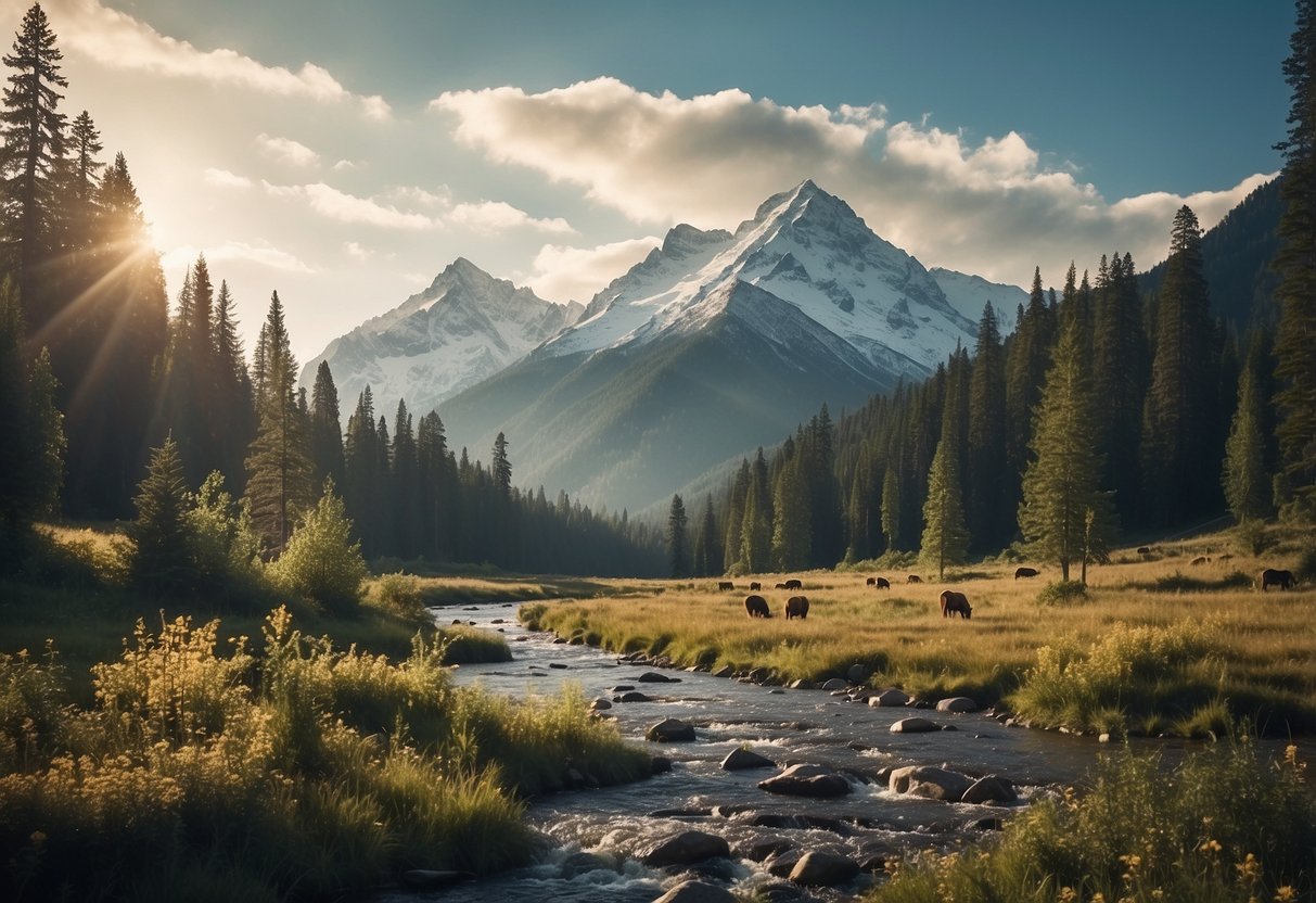 A serene forest clearing with diverse animal species, a flowing river, and a backdrop of towering mountains in the distance