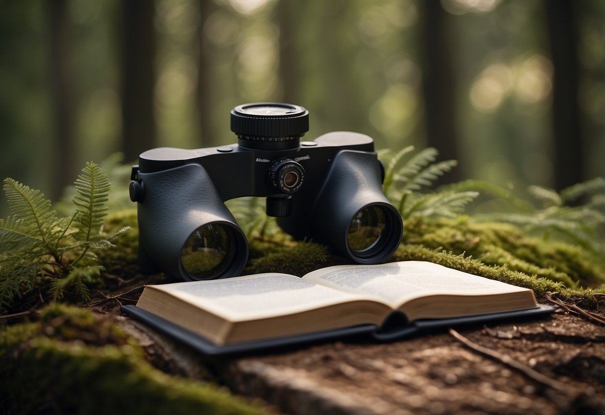 A serene forest clearing with a variety of wildlife: birds, deer, and squirrels. Binoculars, a field guide, and a notebook lay nearby