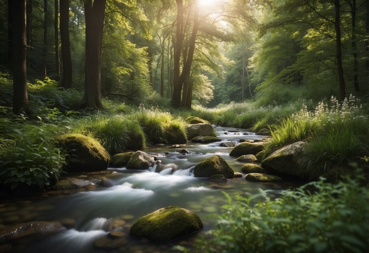 A tranquil forest clearing, with a gentle stream and lush vegetation. Various wildlife, such as birds and deer, are peacefully coexisting and going about their daily activities