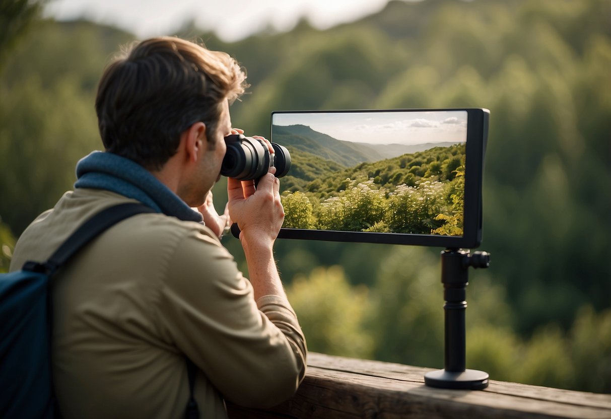 A person using binoculars to observe birds in a natural setting, with a wildlife guidebook open nearby