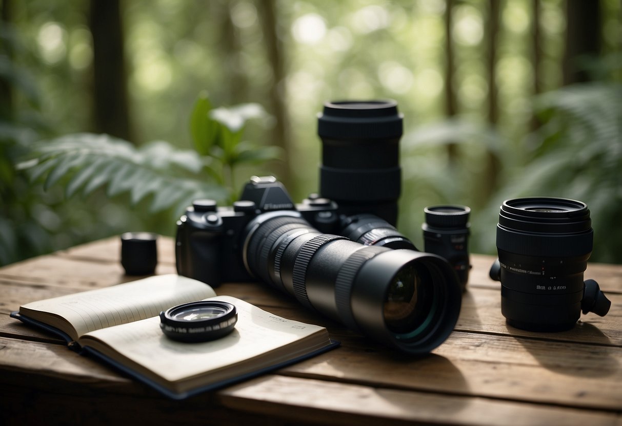 A person sets up binoculars and a camera on a tripod near a lush forest, with a bird guidebook and notebook open on a table