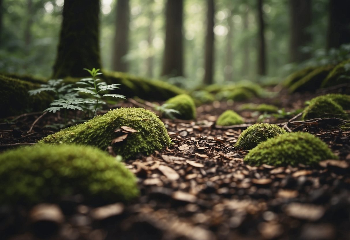 Forest floor, scattered tracks and scat, animal trails leading into the underbrush, birdsong fills the air, a hidden world waiting to be discovered