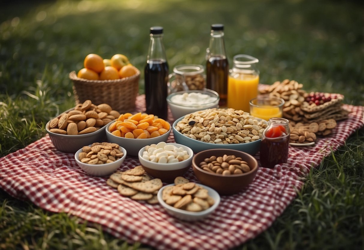 A picnic blanket spread with 10 different snacks, surrounded by trees and wildlife. The snacks include trail mix, granola bars, fruit, and nuts