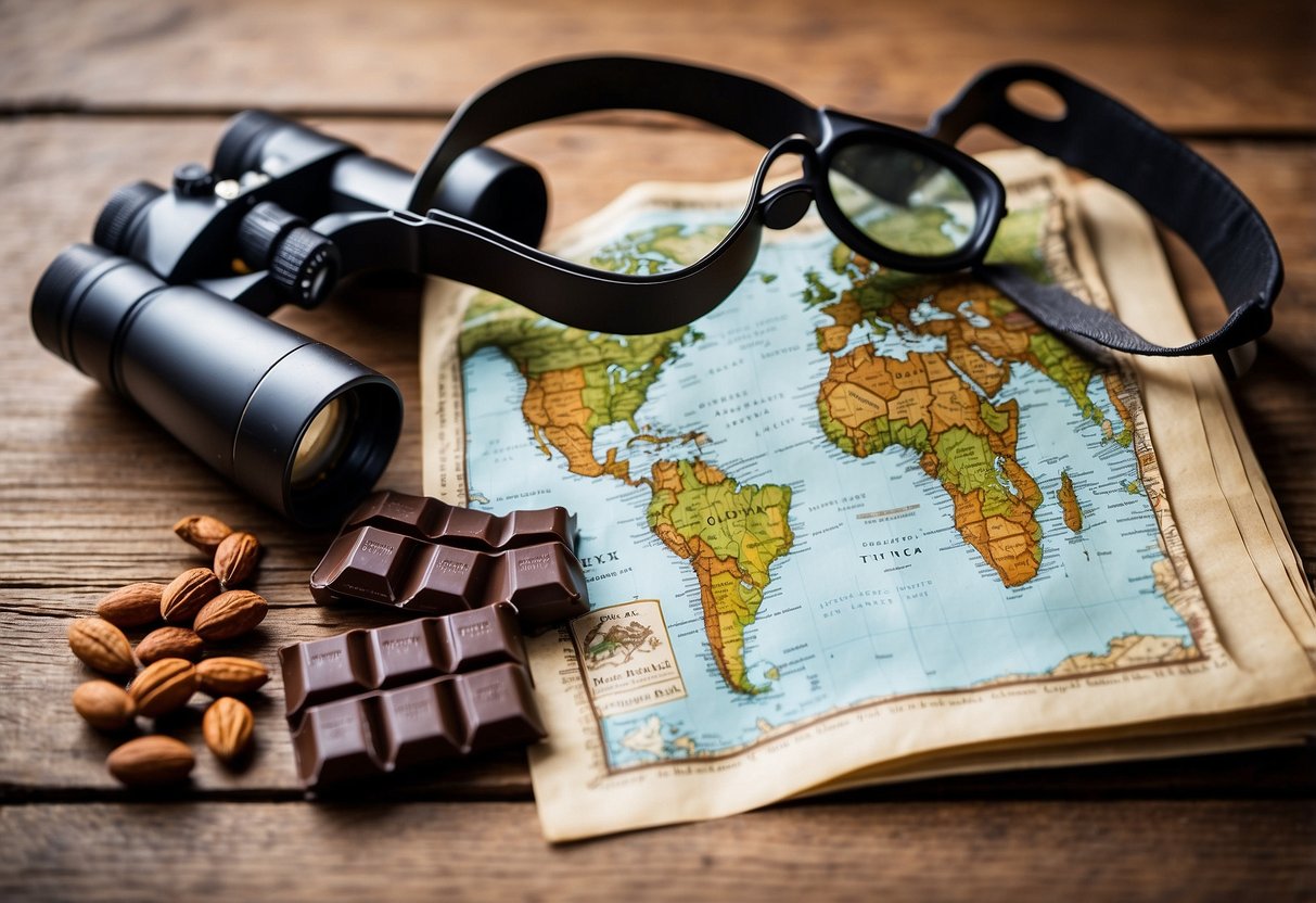 A Kind Bar Dark Chocolate Nuts & Sea Salt sits on a rustic wooden table surrounded by binoculars, a field guide, and a map, ready for a wildlife watching adventure