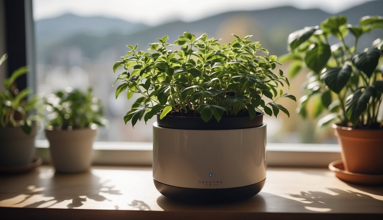 A self-watering pot sits on a windowsill with a reservoir below and a plant growing from the top
