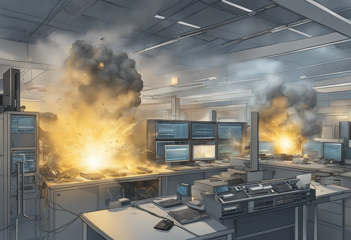 Cisco's lab explodes, sending debris flying. Smoke billows as sparks fly from the damaged equipment