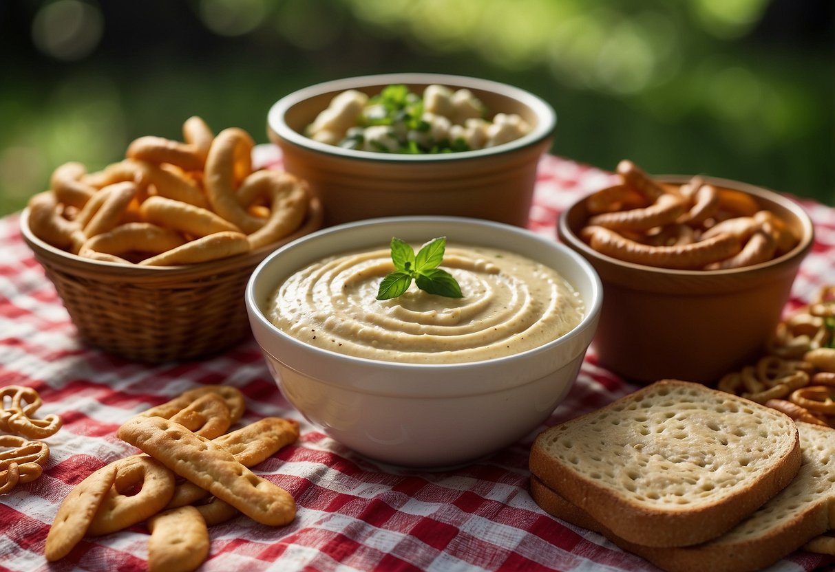 A container of Sabra Classic Hummus with pretzels sits on a checkered picnic blanket surrounded by a variety of snacks, with a lush green forest in the background