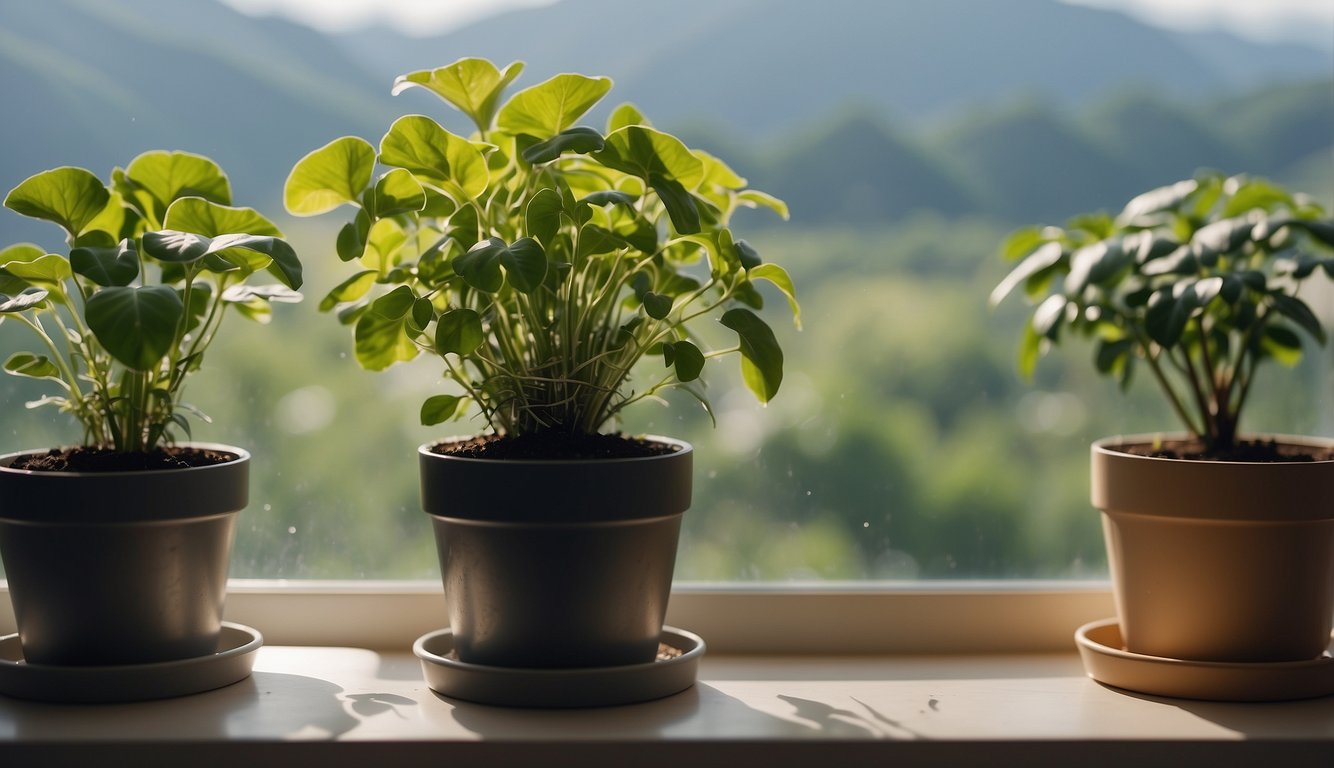 A self-watering plant pot sits on a windowsill, with a clear water reservoir visible below the soil. A small opening allows for easy refilling, and a healthy, vibrant plant grows from the rich soil