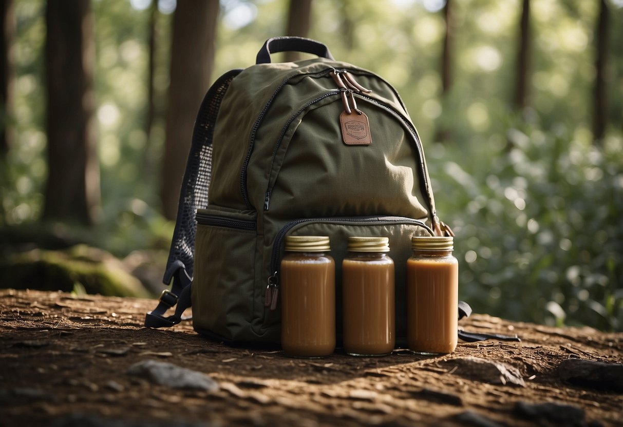 A backpack open on the ground, surrounded by trees and wildlife. Ten almond butter squeeze packs spill out, ready to fuel a wildlife watching adventure