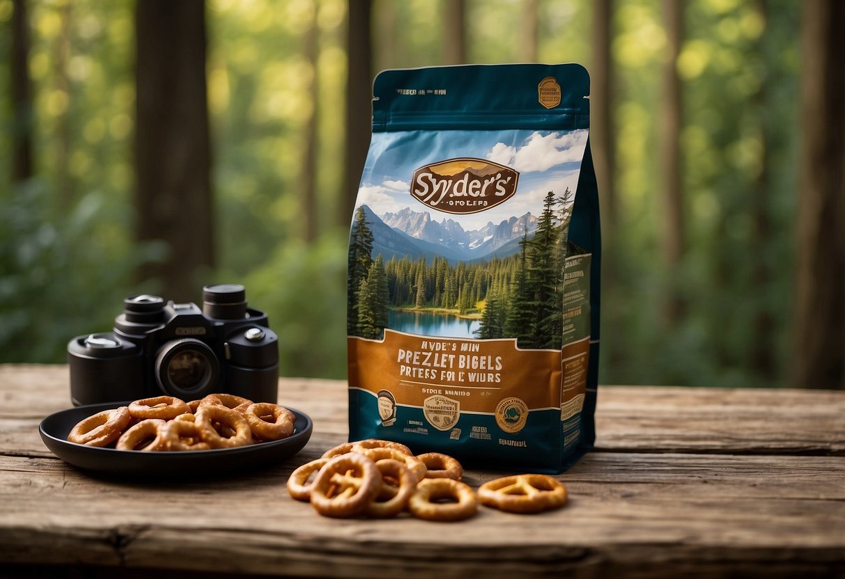 A bag of Snyder's of Hanover Mini Pretzels sits on a rustic wooden table, surrounded by binoculars, a field guide, and a map. Outside the window, a lush forest teems with wildlife