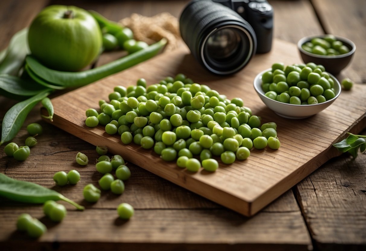 A variety of Harvest Snaps Green Pea Snack Crisps arranged on a rustic wooden cutting board, surrounded by nature-themed accessories like binoculars and a field guide book