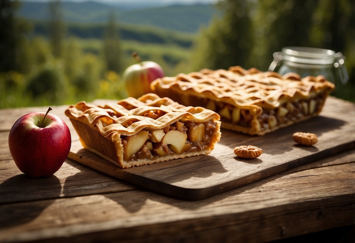 A LÄRABAR Apple Pie bar sits on a rustic wooden surface, surrounded by a variety of other delicious snacks. In the background, a lush natural landscape with wildlife can be seen